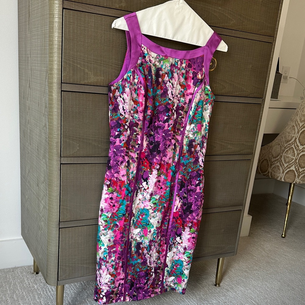 Theia Floral Sleeveless Dress with Purple Satin Accents